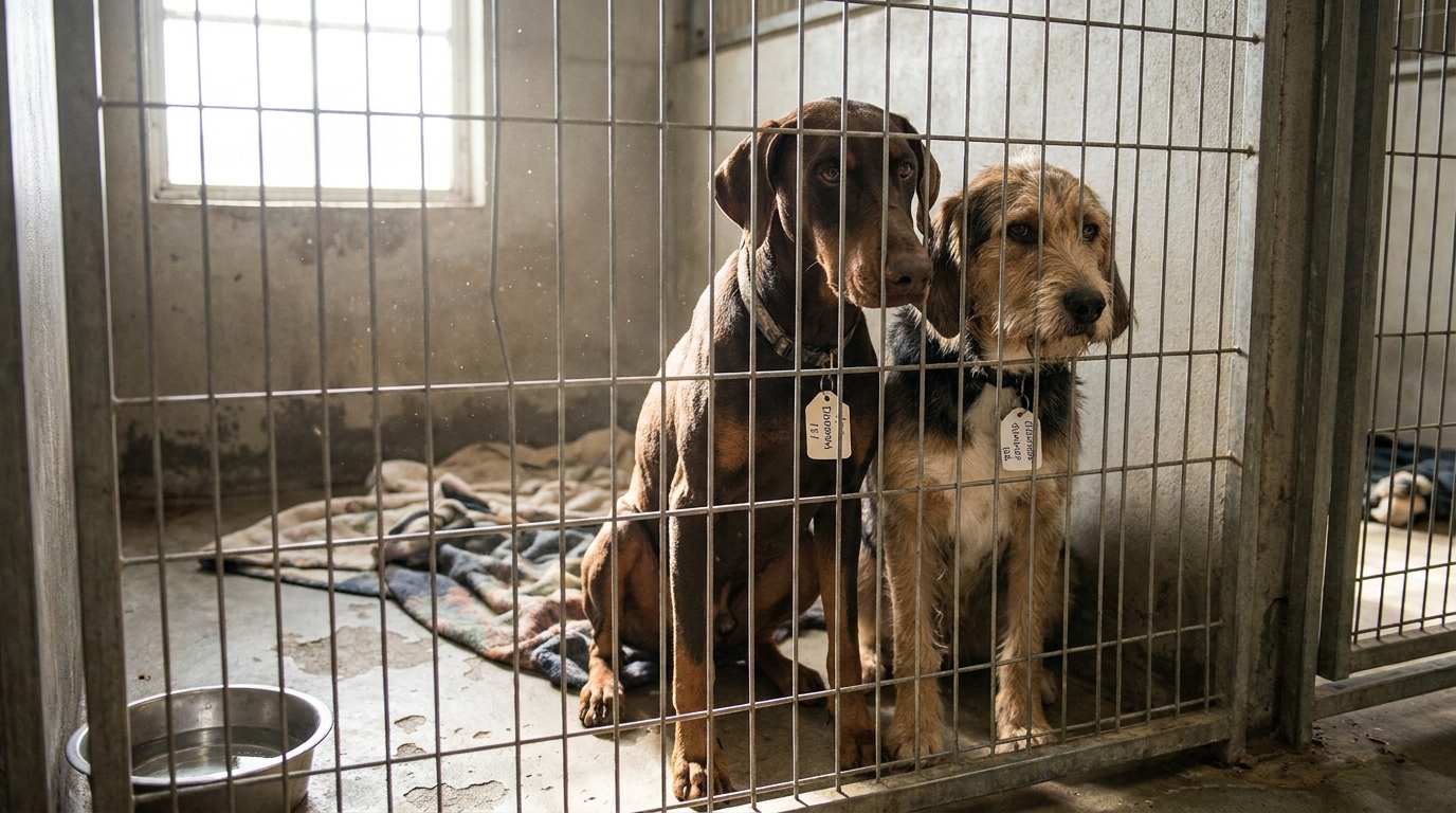 Deux chiens d'apparence maigre, un doberman et un chien courant, assis tristement derrière la grille d'un box dans un refuge pour animaux.