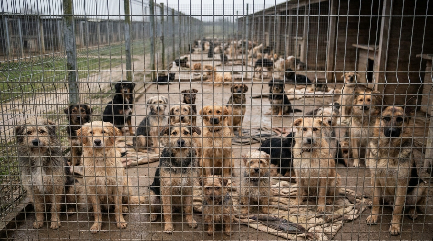 Plusieurs chiens tristes derrière le grillage d'un refuge, attendant une famille d'accueil en urgence suite à des difficultés financières.