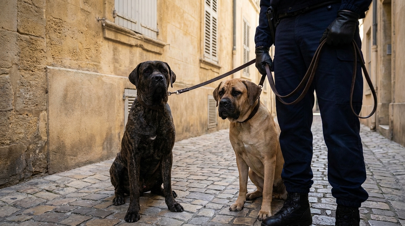 Deux chiens de type molosse tenus en laisse par un policier dans une rue ensoleillée du sud de la France, évoquant une saisie animale.