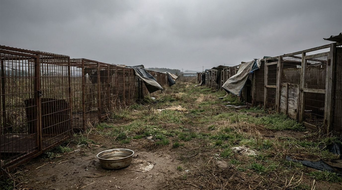 Un chiot au regard triste dans une cage en métal dans un élevage de chiens destinés à la consommation en Corée du Sud.