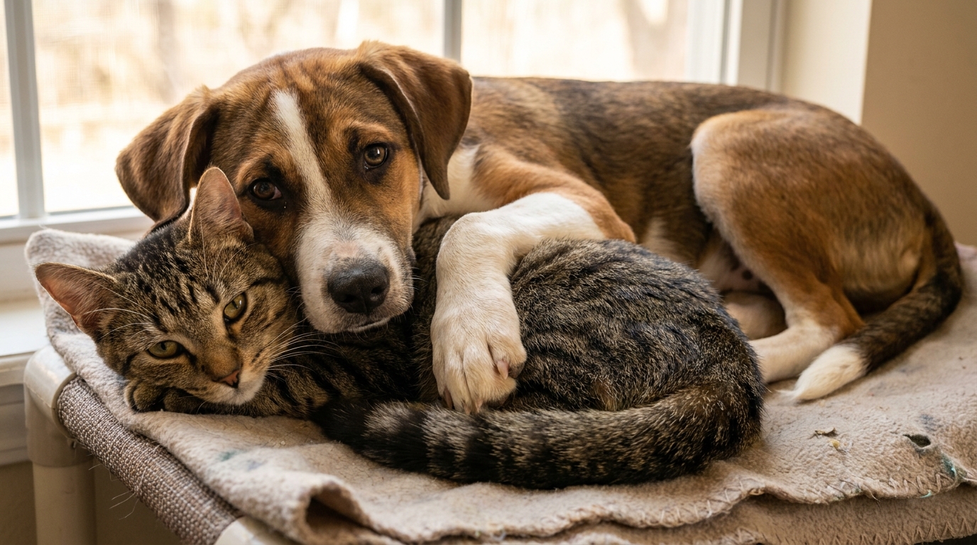 Un jeune chiot marron et blanc pose délicatement sa patte sur le dos d'un chat tigré, tous deux blottis dans une couverture douce au sein d'un refuge.