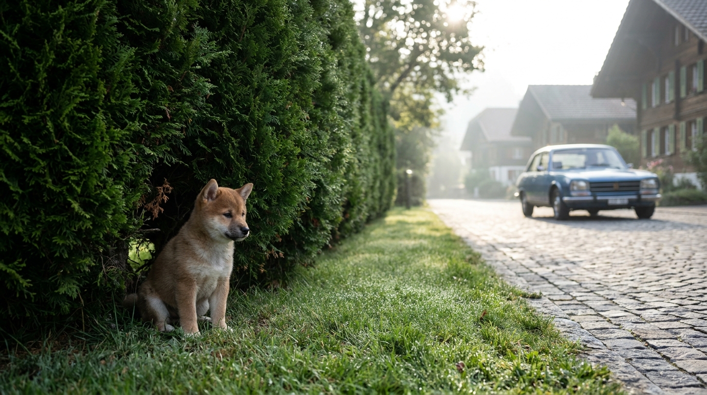 Un adorable chiot Shiba Inu de neuf semaines, au pelage roux et blanc, regarde avec tristesse et espoir à travers une haie de jardin.