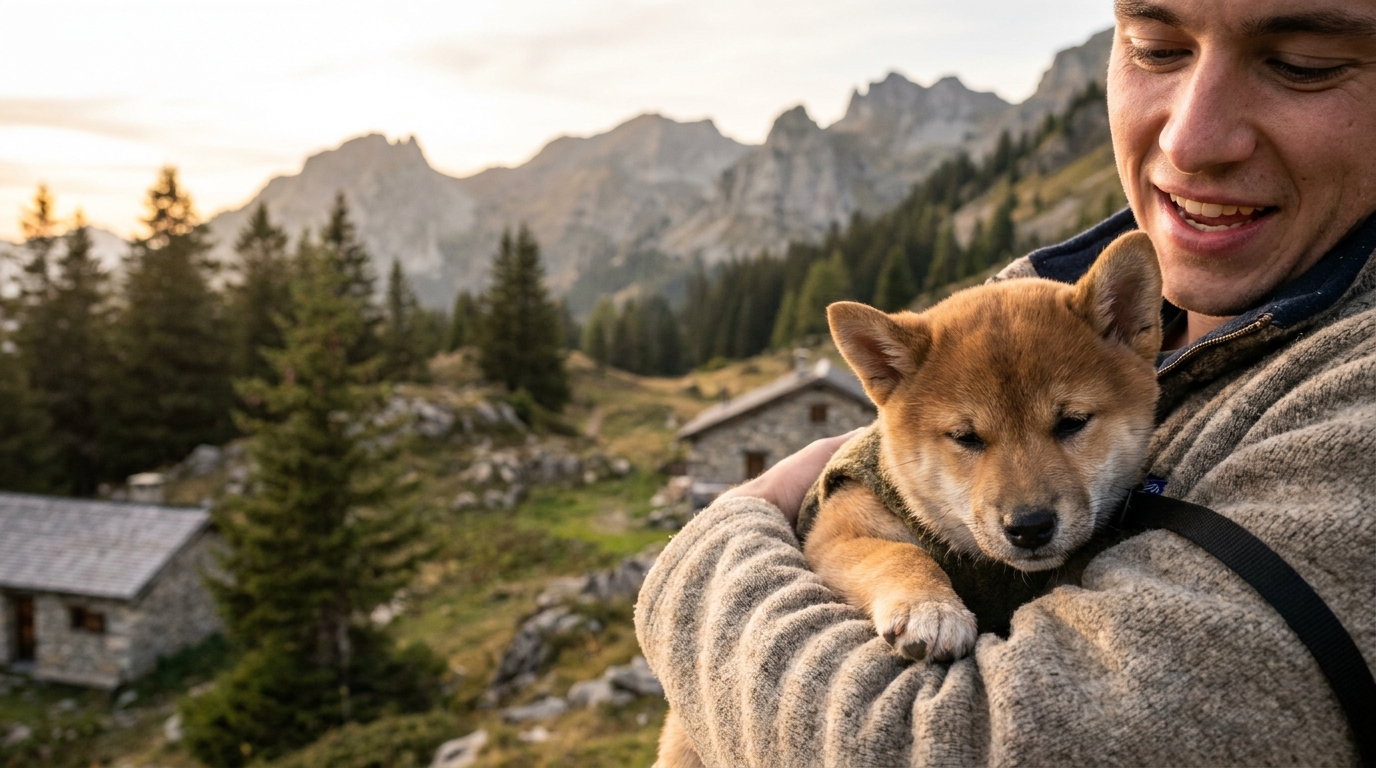 Un adorable chiot Shiba Inu de couleur fauve, assis dans un jardin, regarde l'objectif avec un air curieux et heureux.