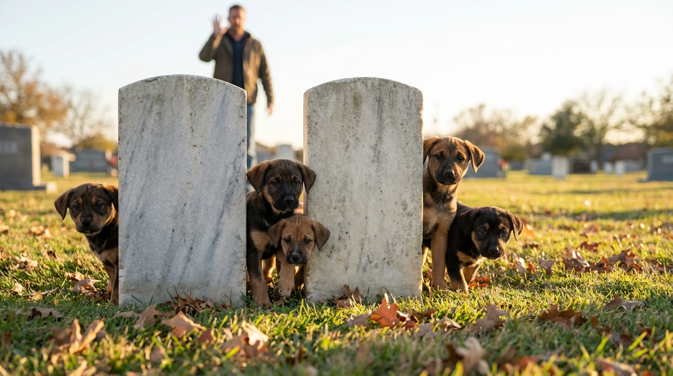 Un groupe de plusieurs chiots attendrissants blottis les uns contre les autres sur l'herbe d'un cimetière, attendant d'être secourus.