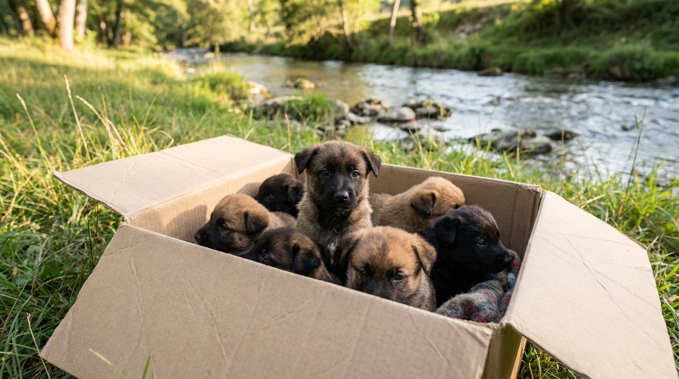 Neuf chiots croisés malinois blottis les uns contre les autres dans un carton ouvert au bord d'une rivière en France.