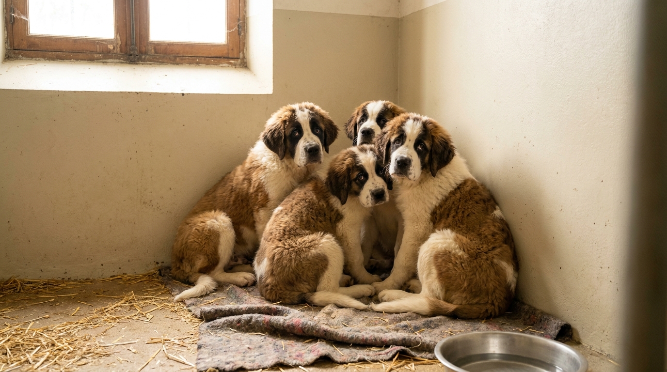 Quatre chiots croisés Saint-Bernard apeurés dans un refuge, blottis les uns contre les autres après leur sauvetage.