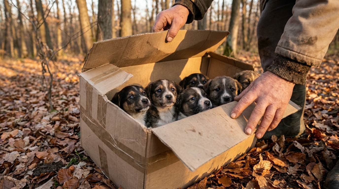Six adorables chiots blottis les uns contre les autres à l'intérieur d'une boîte en carton ouverte dans les bois.