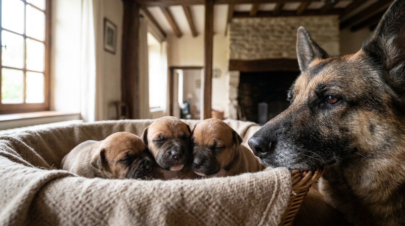 Trois minuscules chiots American Staffordshire croisés dorment paisiblement dans un panier, sous le regard protecteur d'un grand berger allemand.