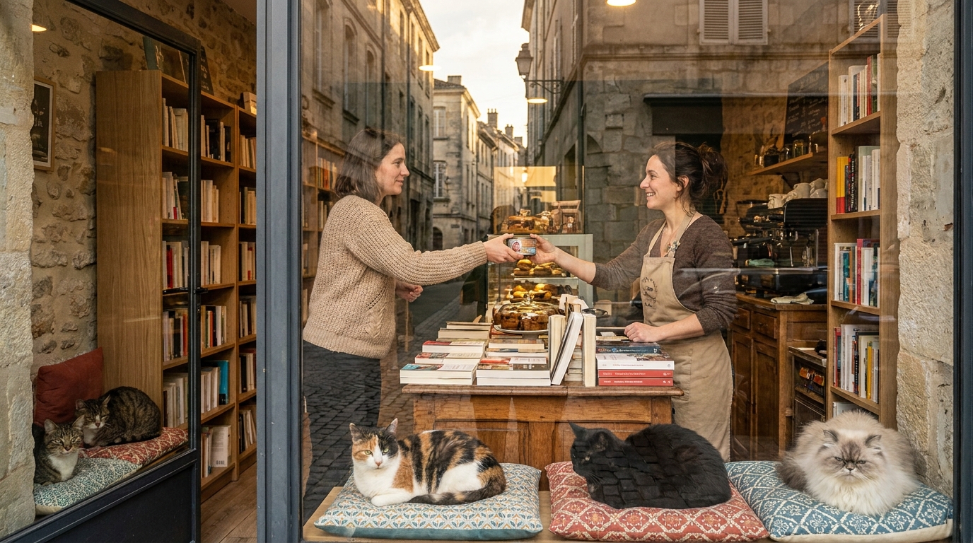 Une femme donne une boîte de pâtée à la gérante du café à chats PawPao, menacé de fermeture, entourée de chats endormis.