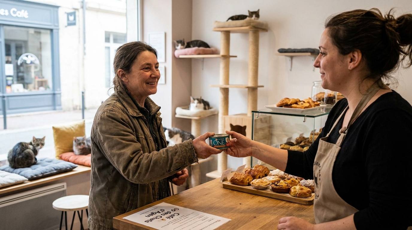 Une femme souriante donne une boîte de pâtée à la gérante d'un café à chats, avec des félins se prélassant à l'arrière-plan.