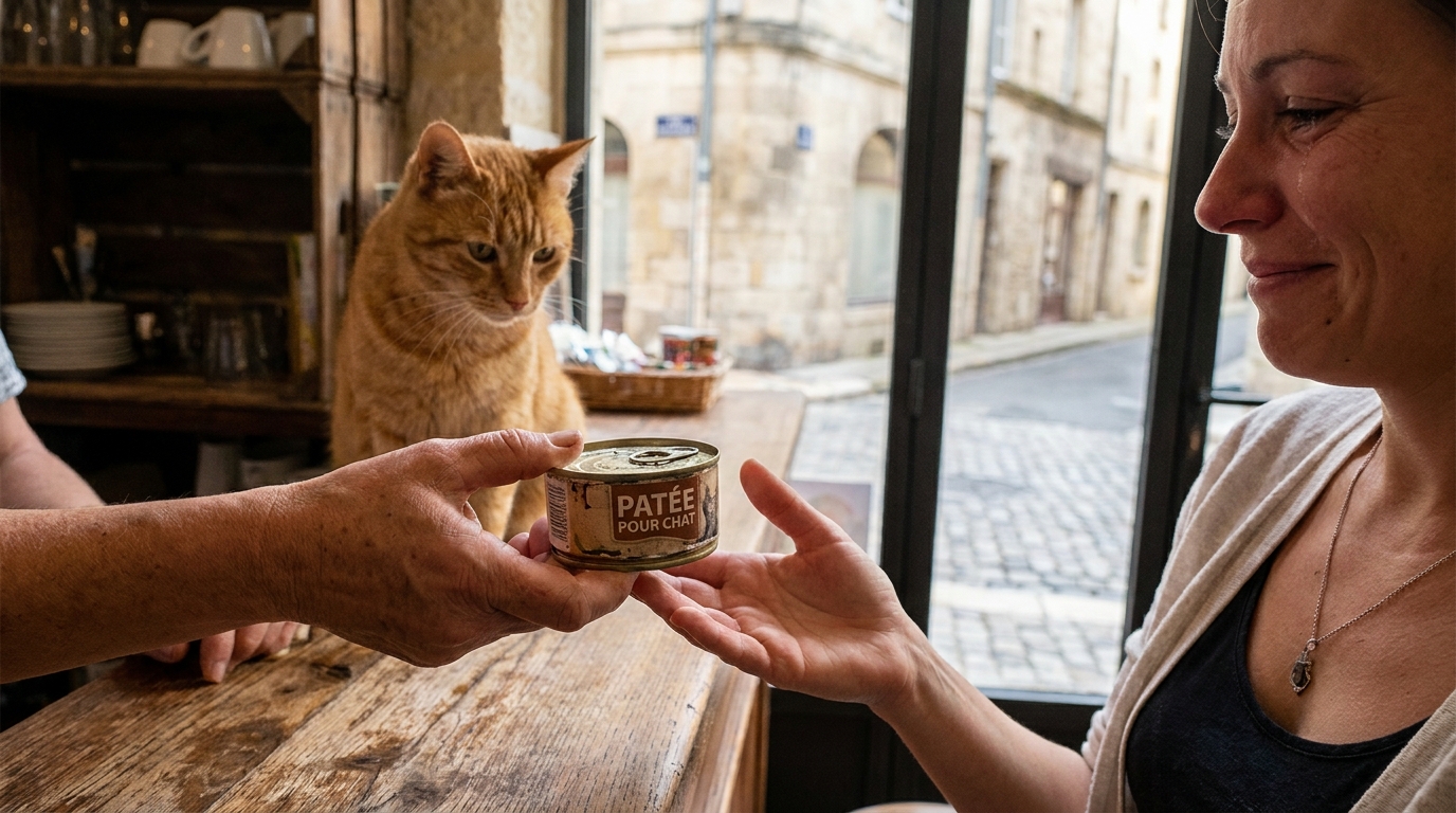 Une femme donne une boîte de pâtée à la gérante d'un café à chats, avec des félins se prélassant à l'intérieur en arrière-plan.