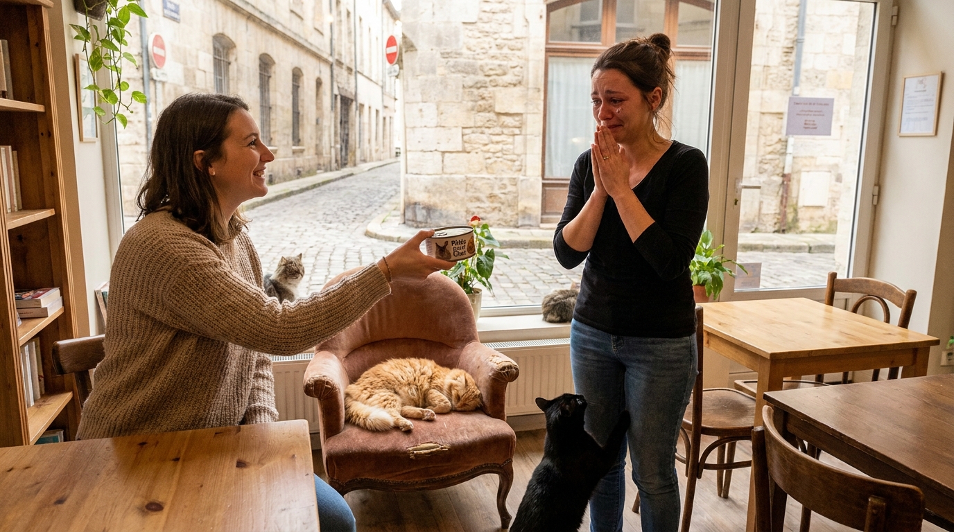 Une jeune femme donne une boîte de pâtée pour chat à la gérante d'un café à chats, avec des félins se prélassant à l'arrière-plan.