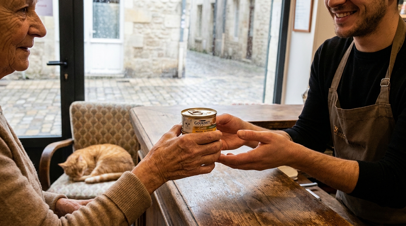 Une femme tend une boîte de pâtée pour chat à la gérante d'un café à chats, avec des chats se prélassant en arrière-plan.