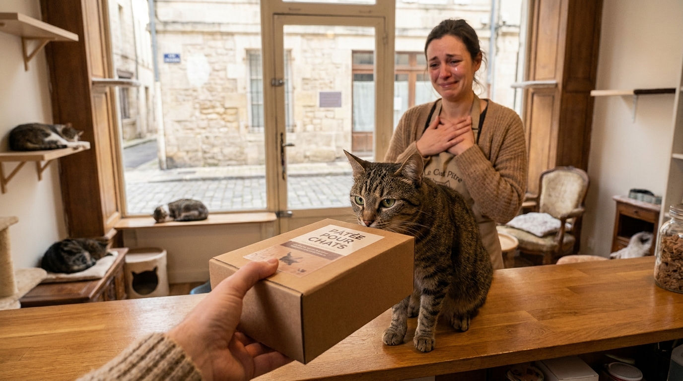 Une cliente tend une boîte de pâtée dans un café à chats, un chat roux la regarde avec intérêt, symbolisant le soutien au refuge PawPao.
