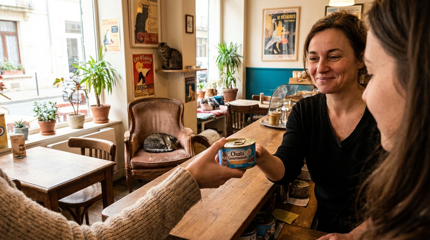 Une femme tendant une boîte de pâtée pour chat à la gérante d'un café à chats, avec des chats se prélassant à l'arrière-plan.