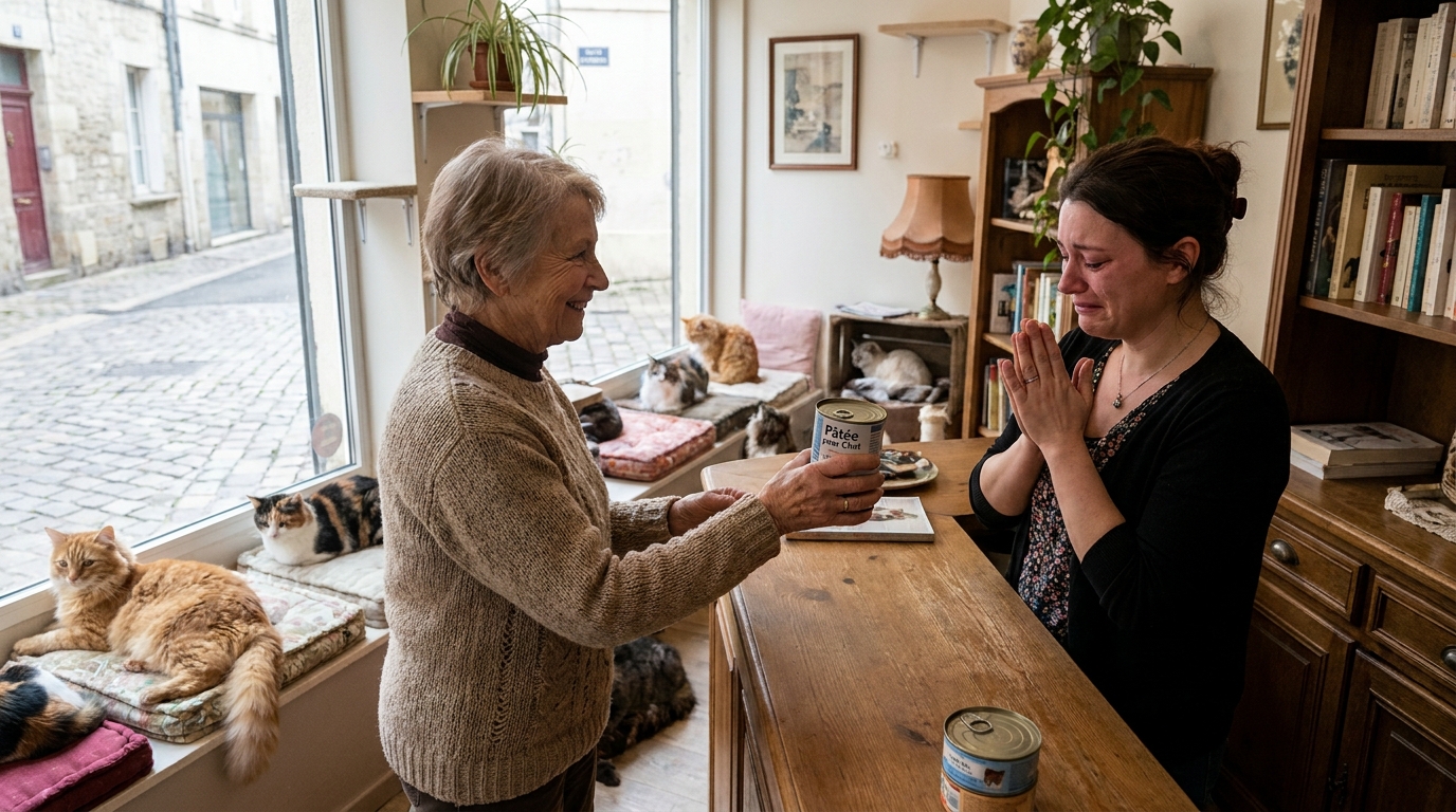 Une femme tend une boîte de pâtée pour chat à la gérante d'un café à chats, avec plusieurs félins se prélassant à l'arrière-plan.