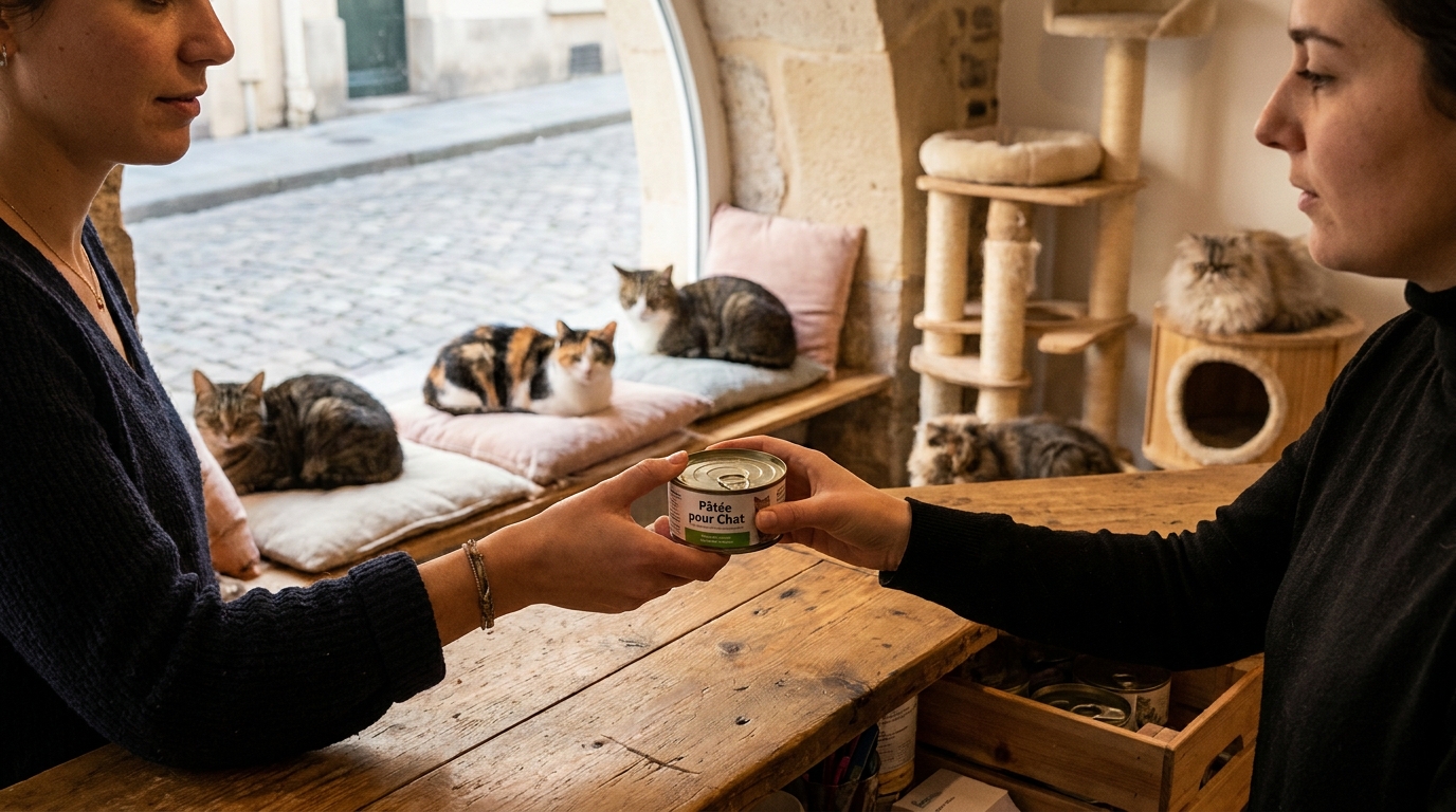 Une femme tend une boîte de pâtée à la gérante d'un café à chats, avec plusieurs chats se prélassant à l'arrière-plan.