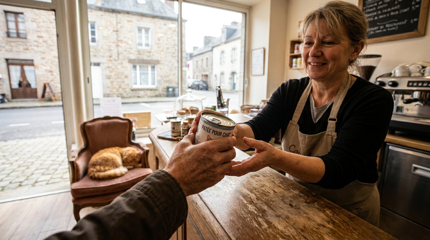 Une personne tend une boîte de pâtée pour chat à la gérante d'un café à chats, avec des félins se prélassant à l'arrière-plan.
