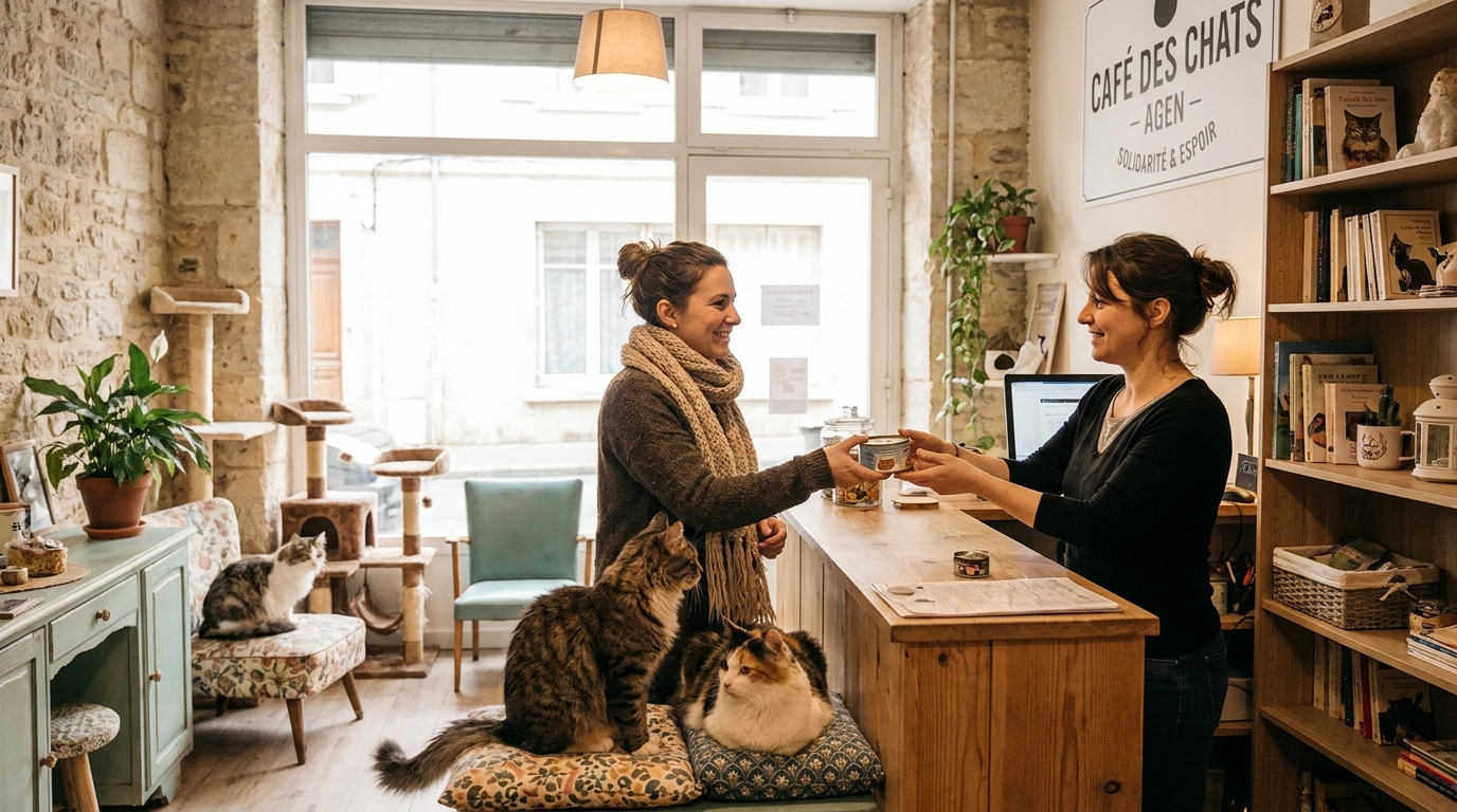Une femme donne une boîte de pâtée à la gérante du café à chats PawPao, menacé de fermeture, symbolisant la solidarité des habitants.