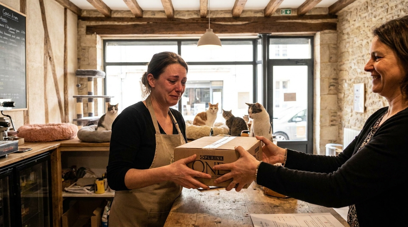 Une femme souriante donne une boîte de pâtée à la propriétaire d'un café à chats, entourée de félins curieux et affectueux.