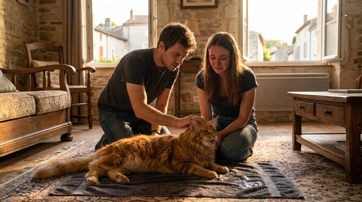 Un couple est assis sur le sol d'un salon, penché avec tendresse sur son chat Maine Coon visiblement souffrant, enroulé dans une serviette.