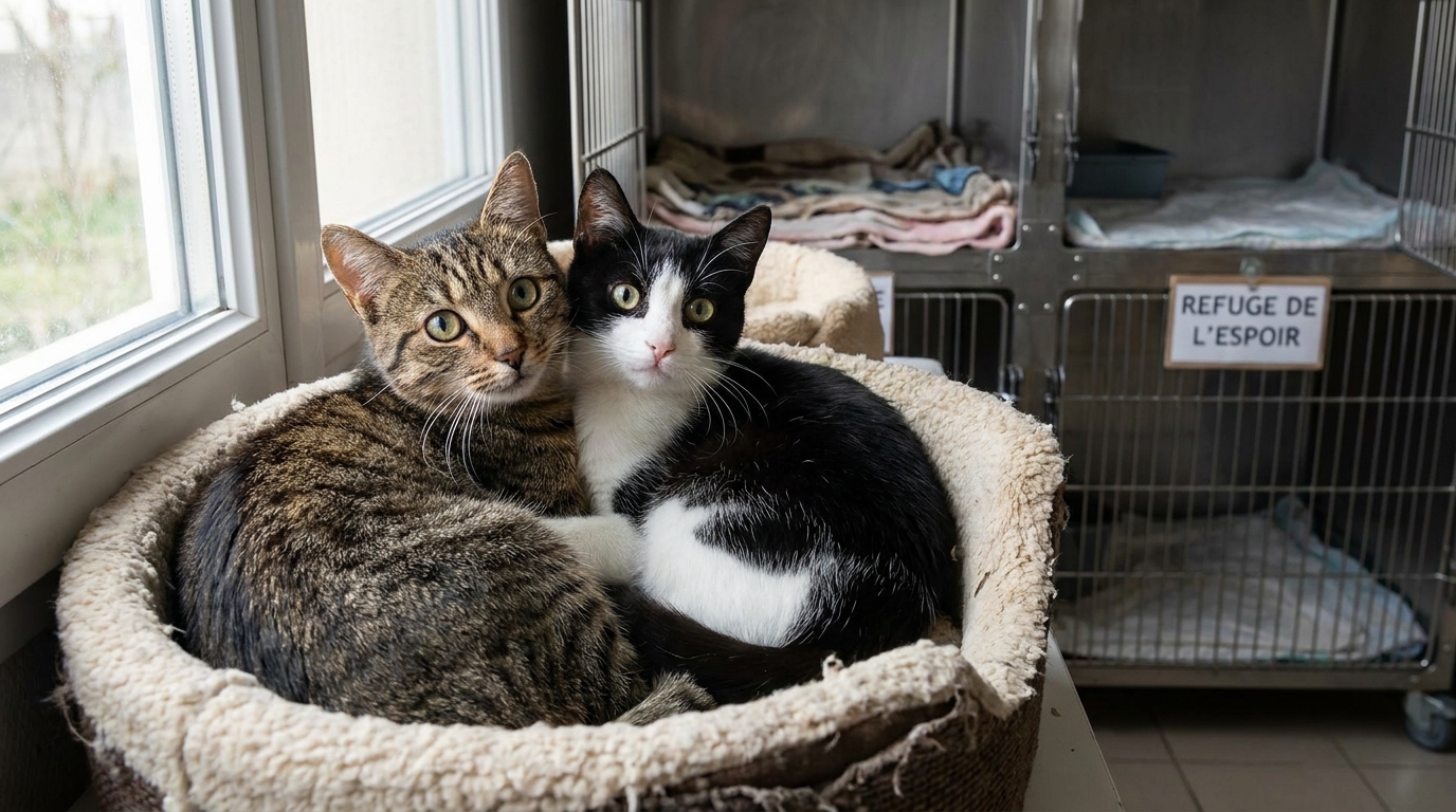 Deux chats craintifs mais en sécurité se réconfortent mutuellement dans le panier douillet d'un refuge après leur sauvetage.