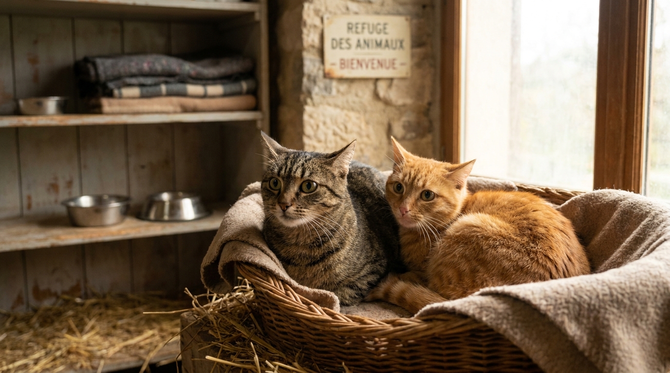 Deux chats roux et tigrés, visiblement effrayés, se serrent l'un contre l'autre dans un coin d'une couverture dans un refuge.