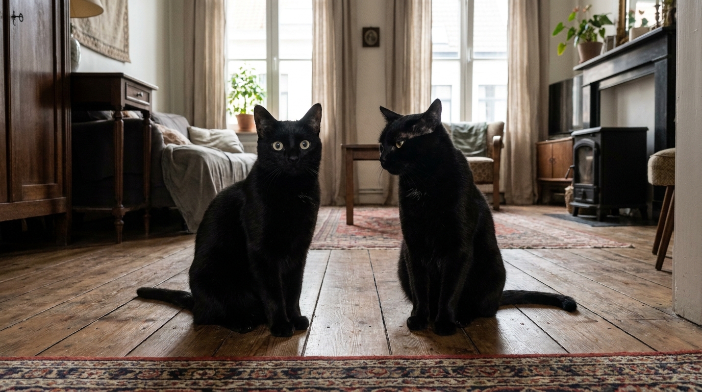 Deux chats noirs presque identiques assis côte à côte sur un sol en bois, l'un regardant la caméra et l'autre son sosie.