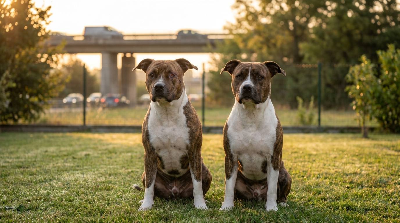 Deux chiens de type American Staffordshire, l'un avec une cicatrice près de l'œil, se tiennent côte à côte avec un regard empreint de tristesse et de résilience.
