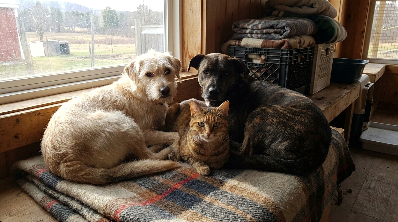 Un trio inséparable composé de deux chiens de race mixte et d'un chat tigré se blottissant les uns contre les autres dans un refuge.