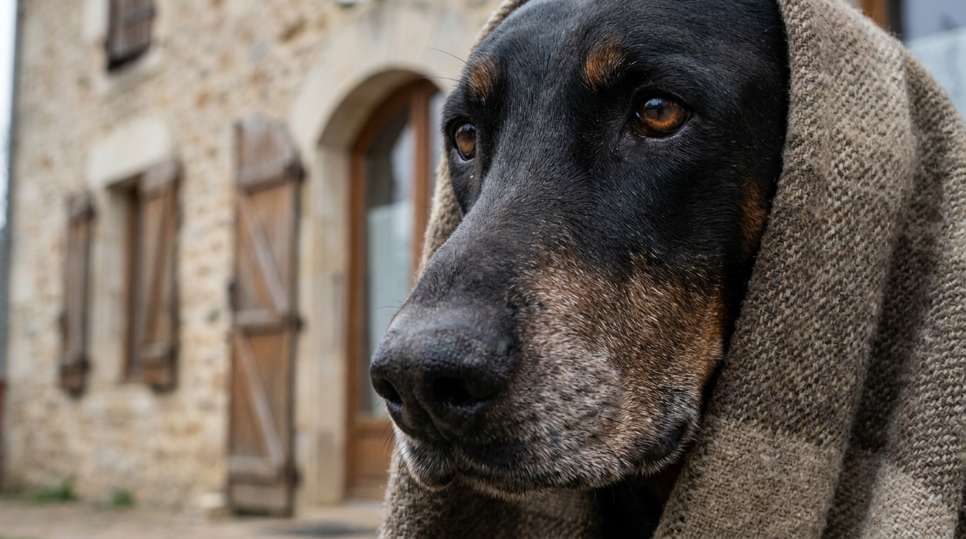 Un chien Doberman au regard triste mais plein d'espoir, emmitouflé dans une couverture dans un refuge après avoir été sauvé.