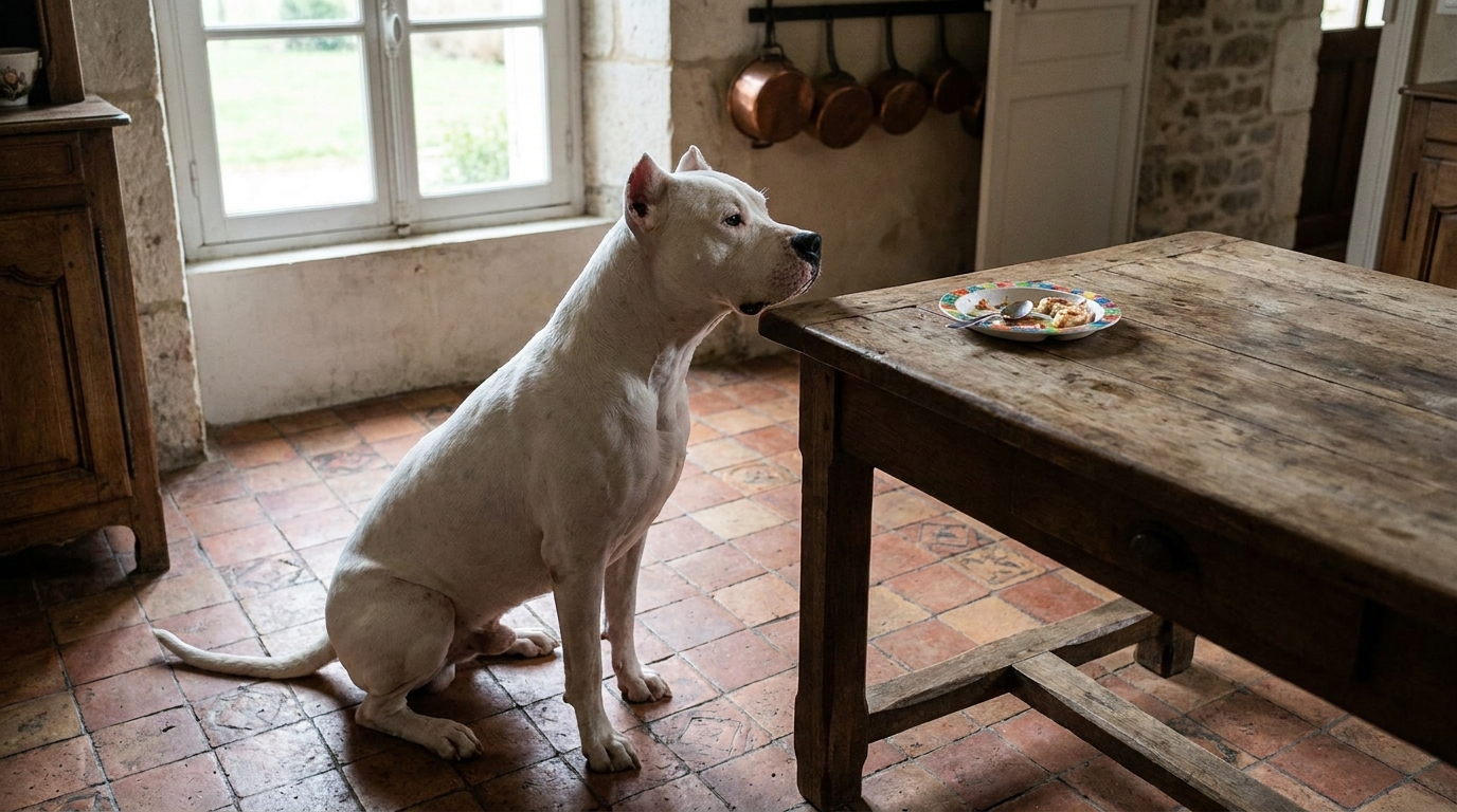 Un dogue argentin blanc assis dans une cuisine, son regard est fixe et tendu, illustrant le drame d'une attaque de chien au sein d'une famille.