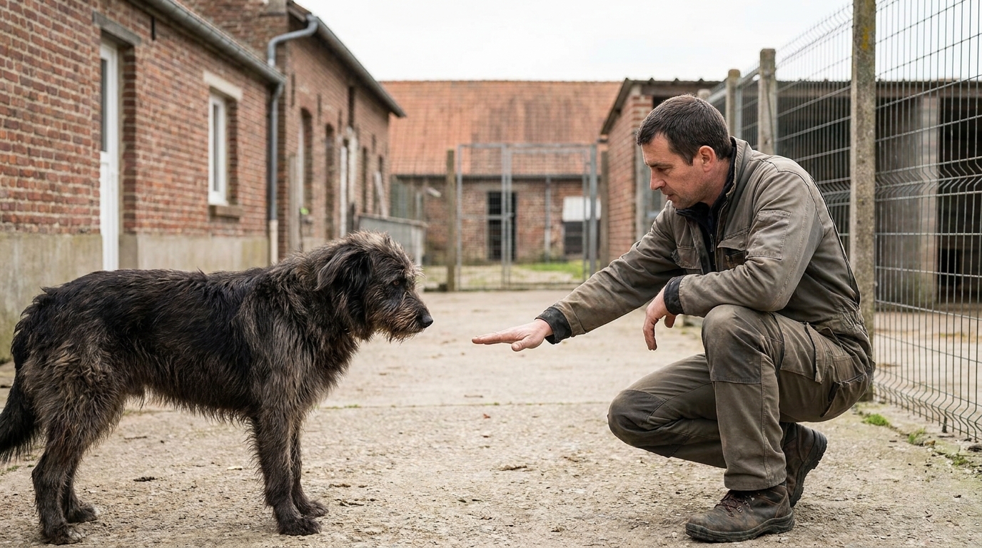 Un éducateur canin accroupi, tendant doucement la main à un grand chien de type berger dans un enclos verdoyant, signe de confiance.
