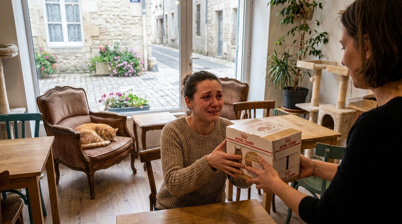 Une femme caresse un chat roux endormi sur une table dans l'ambiance chaleureuse d'un café à chats en France.