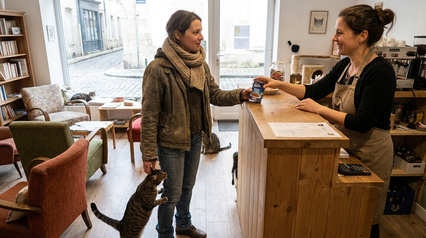 Un chat roux se frotte contre la jambe d'un client dans un café à chats chaleureux, illustrant l'ambiance du PawPao à Agen.