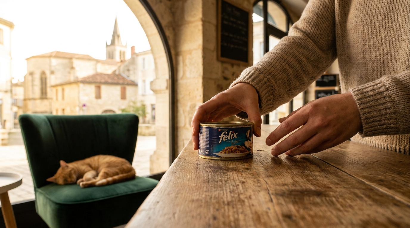 Un chat roux se frottant affectueusement contre la main d'une personne dans l'ambiance chaleureuse d'un café à Agen.