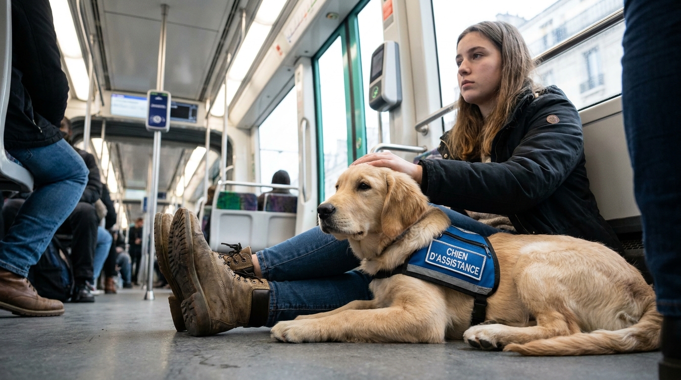 Une jeune femme avec son chien d'assistance, un Golden Retriever portant une cape bleue, assise dans un tramway en Île-de-France.