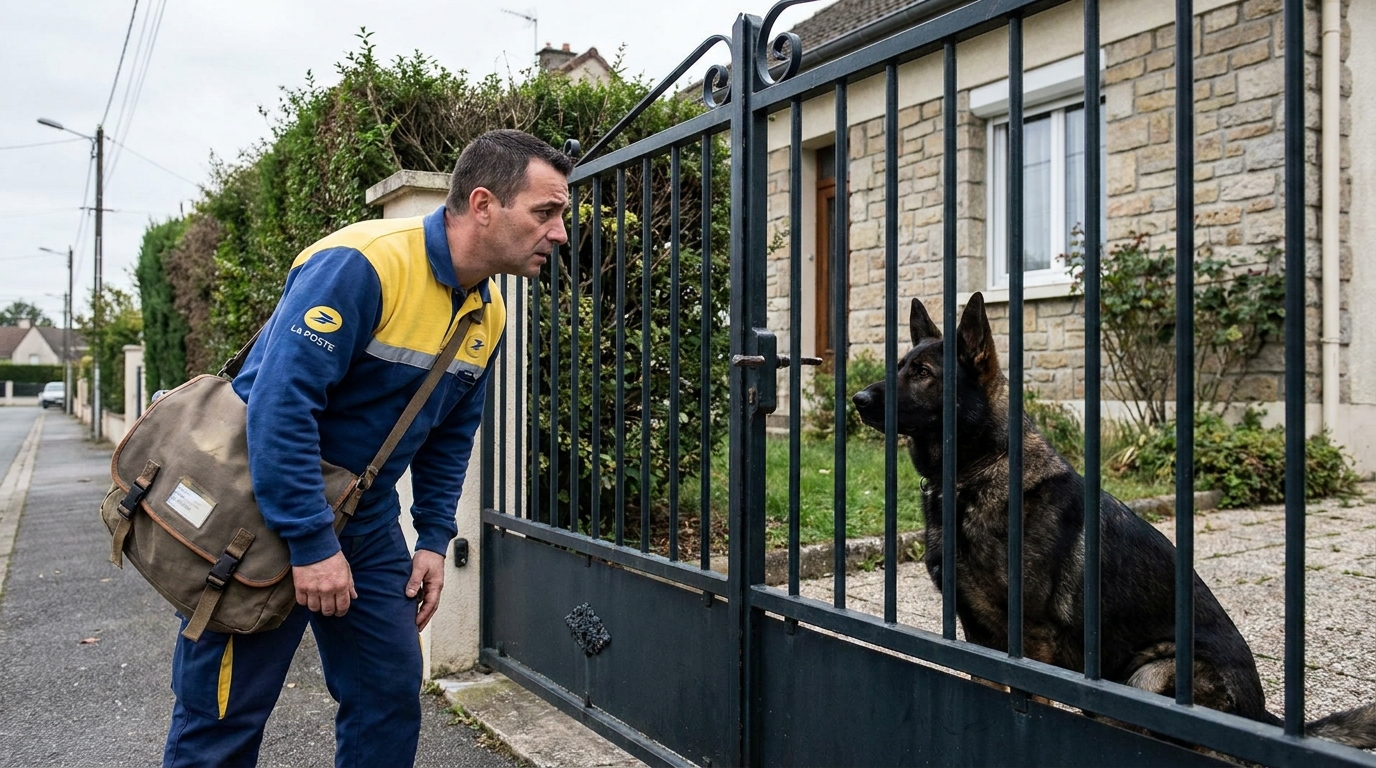 Un facteur regarde avec prudence un chien attentif derrière le portail d'une maison, illustrant le risque de morsure lors de sa tournée.