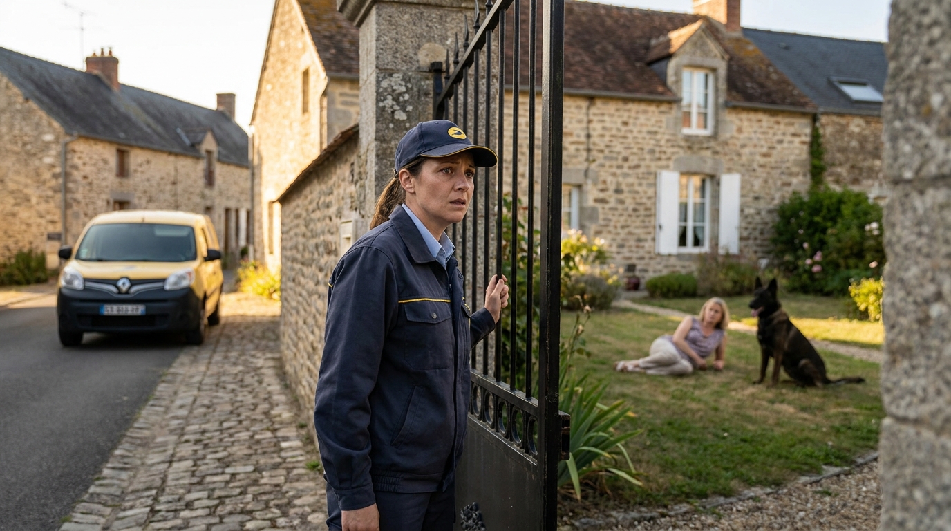 Une factrice se tient près d'une boîte aux lettres dans un village français, un chien est visible en arrière-plan dans un jardin.