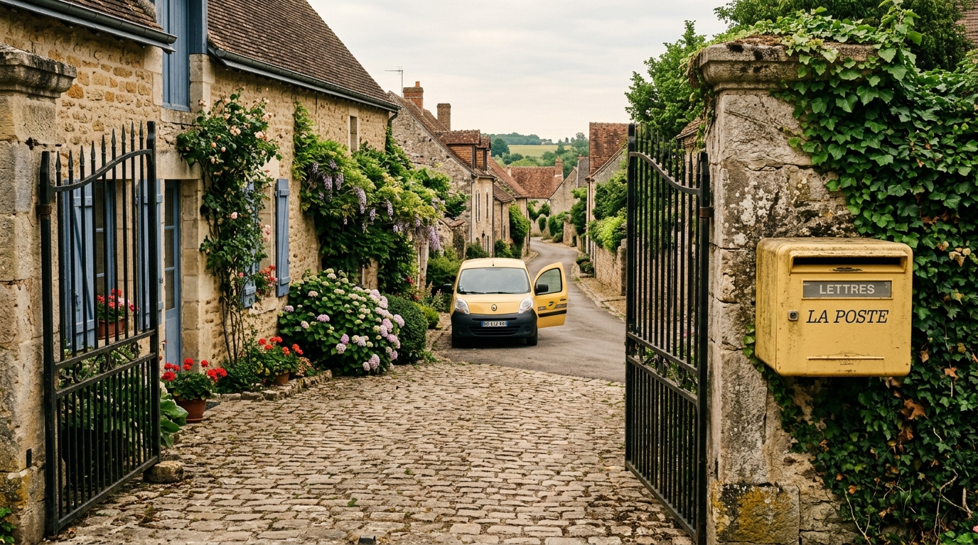 Boîte aux lettres et portail d'un pavillon de village français avec une camionnette jaune au loin.