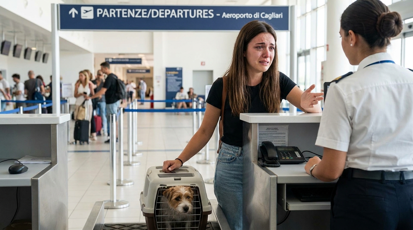 Une jeune femme angoissée avec son chien dans une cage de transport dans un hall d'aéroport, face à un comptoir d'embarquement.