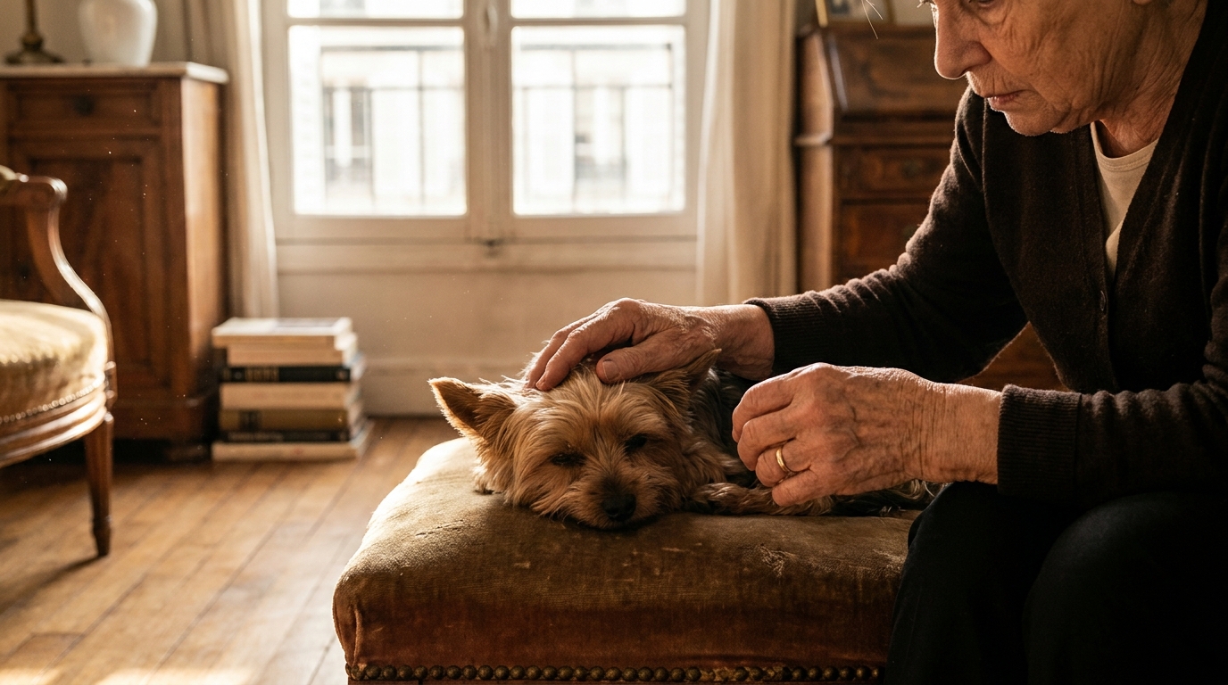 Une femme âgée au regard triste serre tendrement dans ses bras son petit chien Yorkshire, symbole de la perte d'un animal durant la canicule.