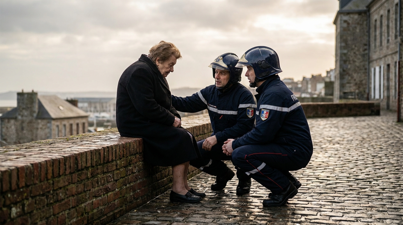 Une femme âgée assise sur un banc, le visage dans les mains, en état de choc dans une rue de Boulogne-sur-Mer après un drame.