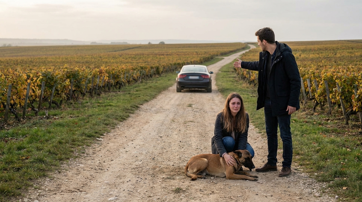 Une femme en larmes est agenouillée près de son chien malinois blessé dans un chemin de vigne, après avoir été percuté par un conducteur.