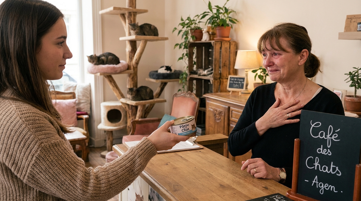 Une jeune femme sourit en caressant tendrement un chat roux endormi sur une table en bois dans l'ambiance cosy d'un café à chats.