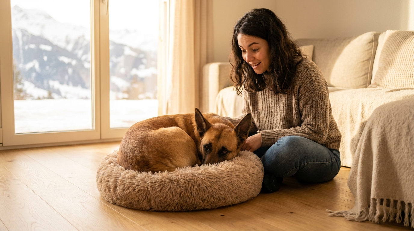 Une jeune femme assise sur un tapis regarde avec tendresse son chien, un Berger croisé Malinois, qui a un comportement étrangement félin.