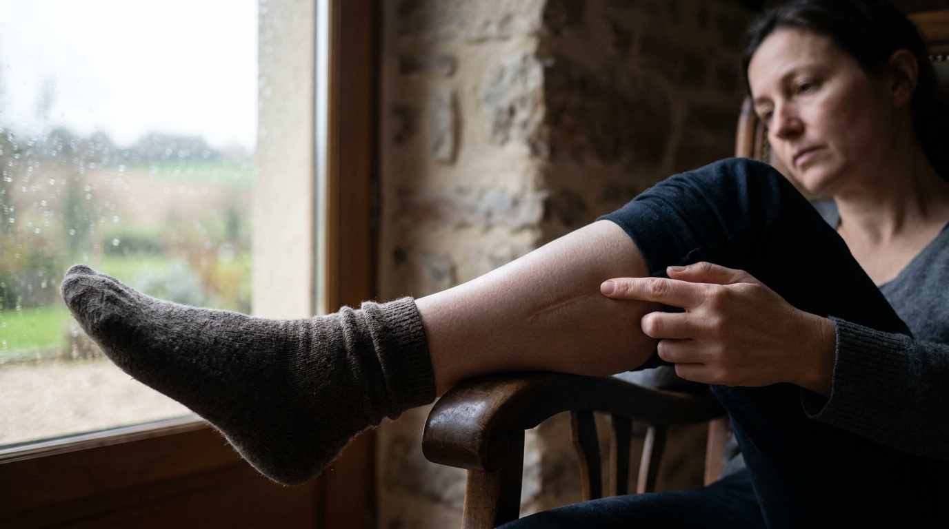 Une femme assise sur un canapé, l'air triste, montrant une cicatrice de morsure sur sa jambe, symbolisant un traumatisme.