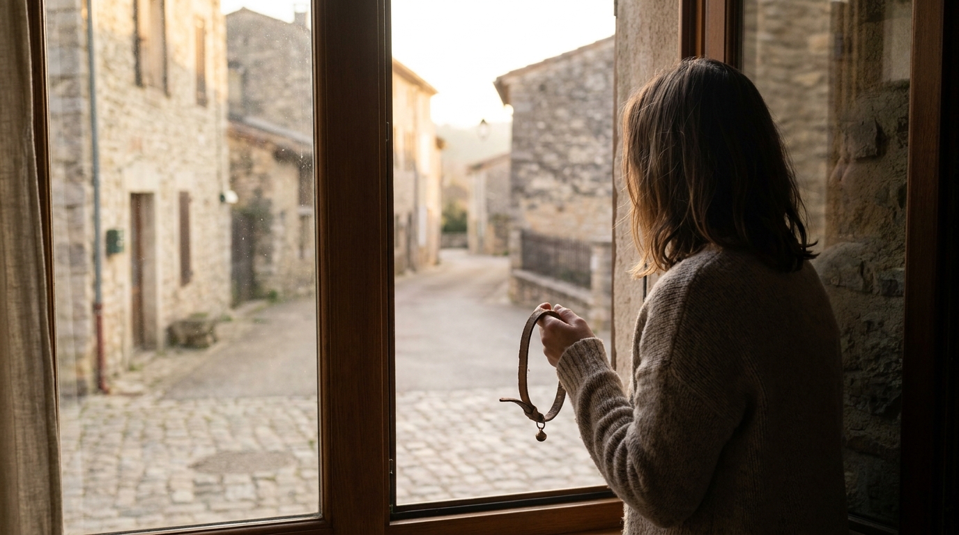 Une femme regarde tristement par la fenêtre, tenant le collier de son chat décédé, symbolisant la douleur de la perte d'un animal de compagnie.