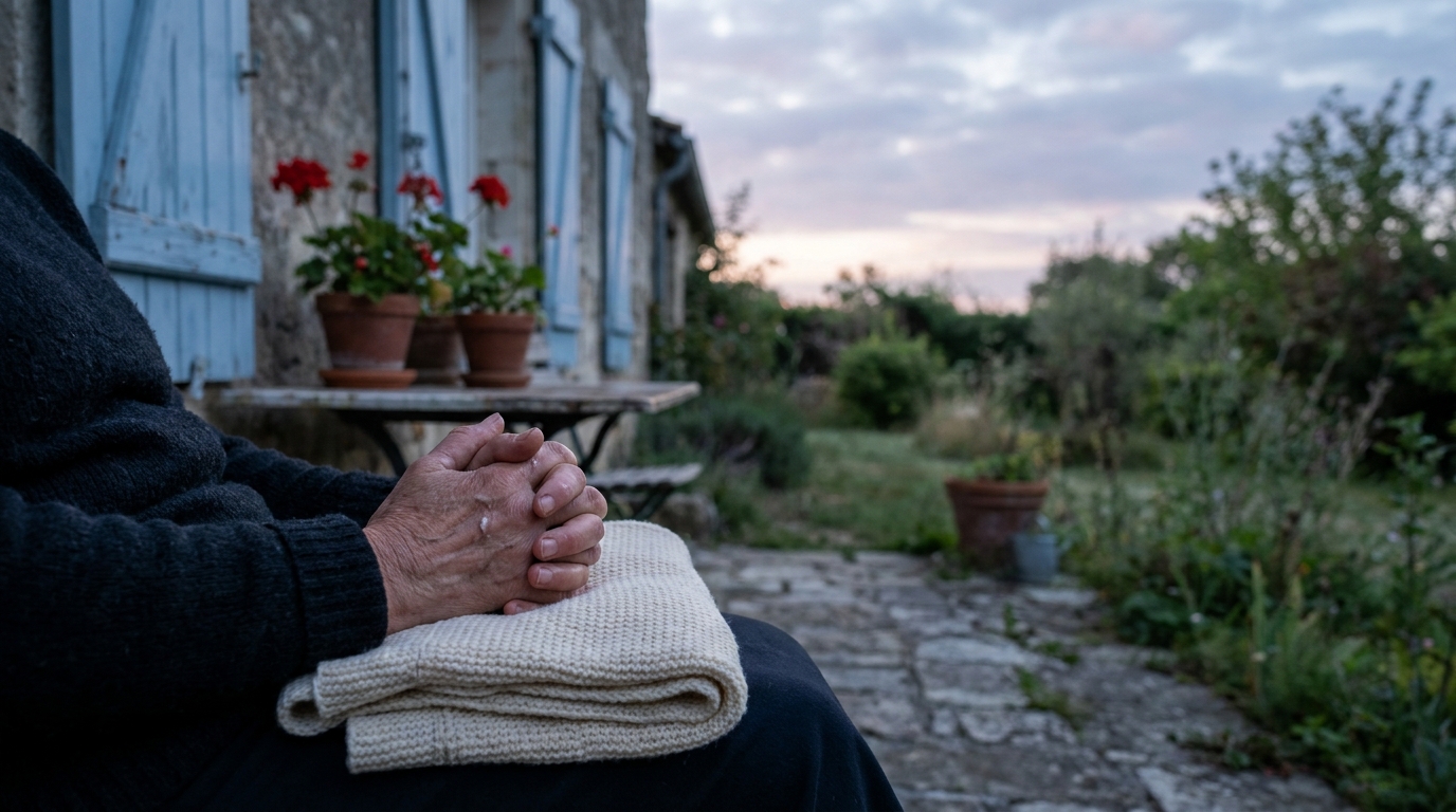 Une propriétaire pleure la mort de son chat, tué par des chiens, assise sur sa terrasse au petit matin dans un village de France.