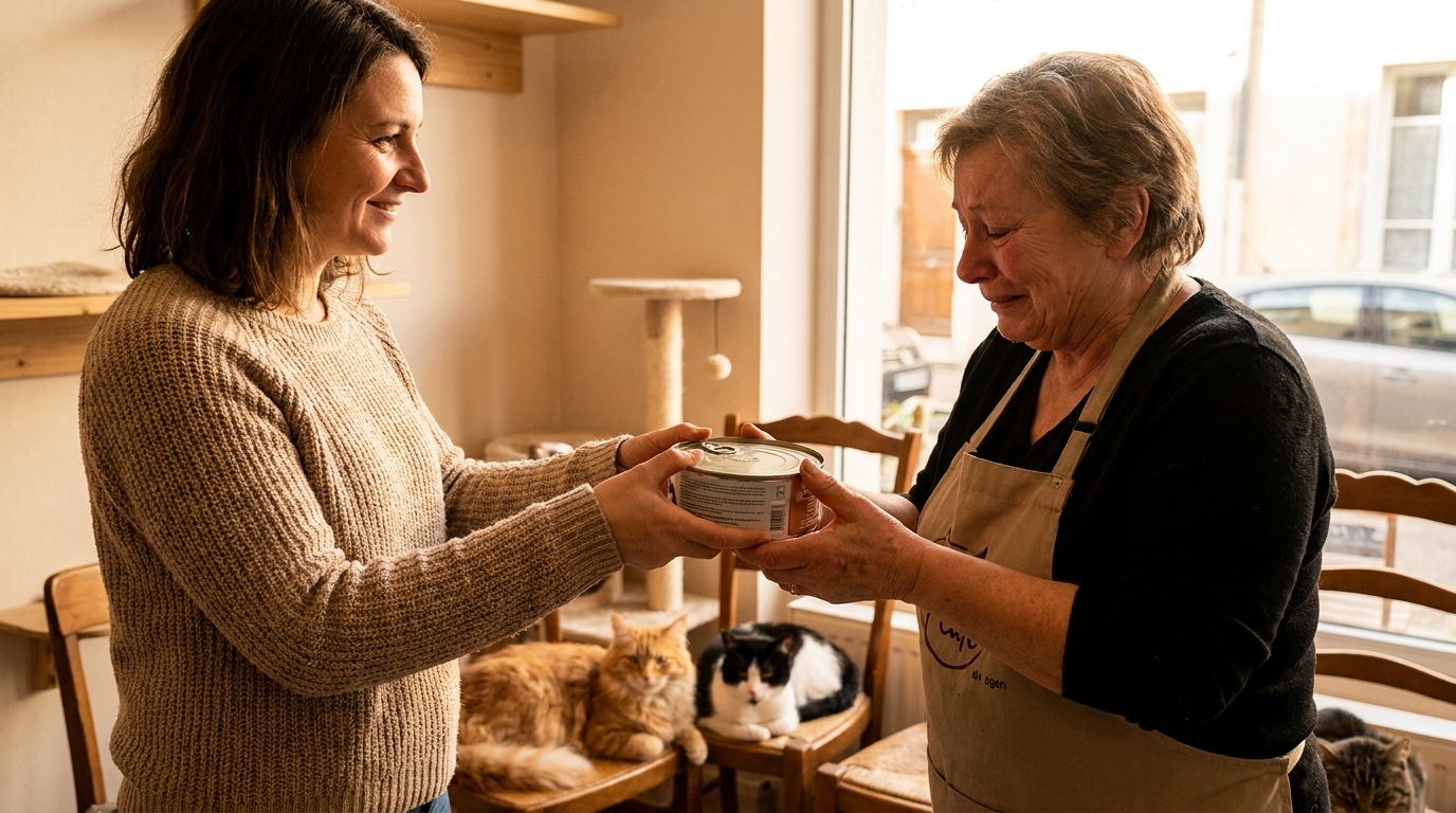 Dans un café à chats lumineux, une cliente tend avec un sourire une boîte de pâtée à la propriétaire émue, un chat tigré les observant depuis un fauteuil.